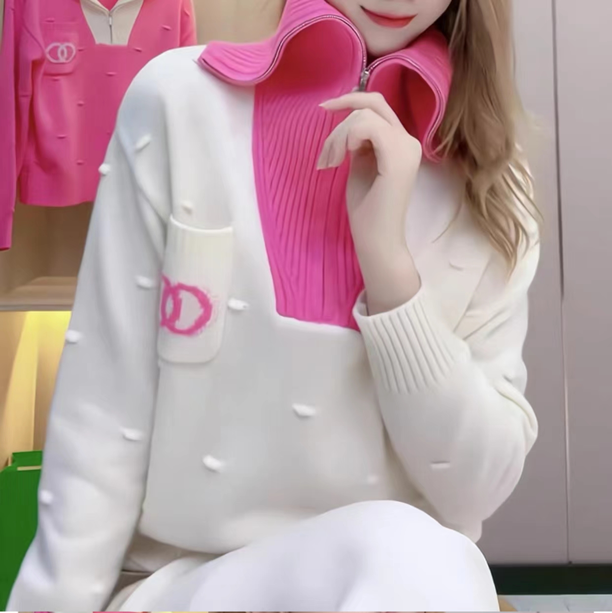 復古慵懶寬鬆毛衣女2023年秋冬新款高級感設計撞色學院風毛針織衫