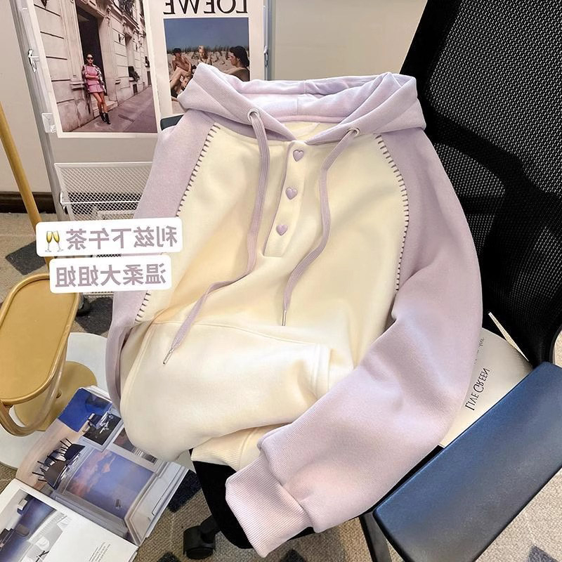 原版做工胖mm連帽衫衛衣女秋冬加絨外套藝術生奶乖插肩袖上衣潮