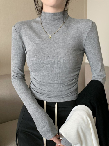 Official picture of elastic brushed half-turtle collar bottoming shirt with top, autumn and winter new slim-fit pleated hottie long-sleeved T-shirt