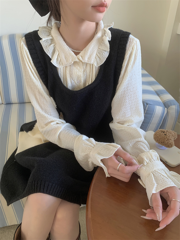 Real shot!  Black temperament slimming sleeveless dress for women French layered for small people with A-line woolen long skirt