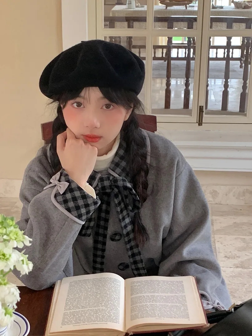 景頁頁｜灰色秋冬寬鬆中長款甜美毛呢外套可拆卸系帶格子加棉大衣