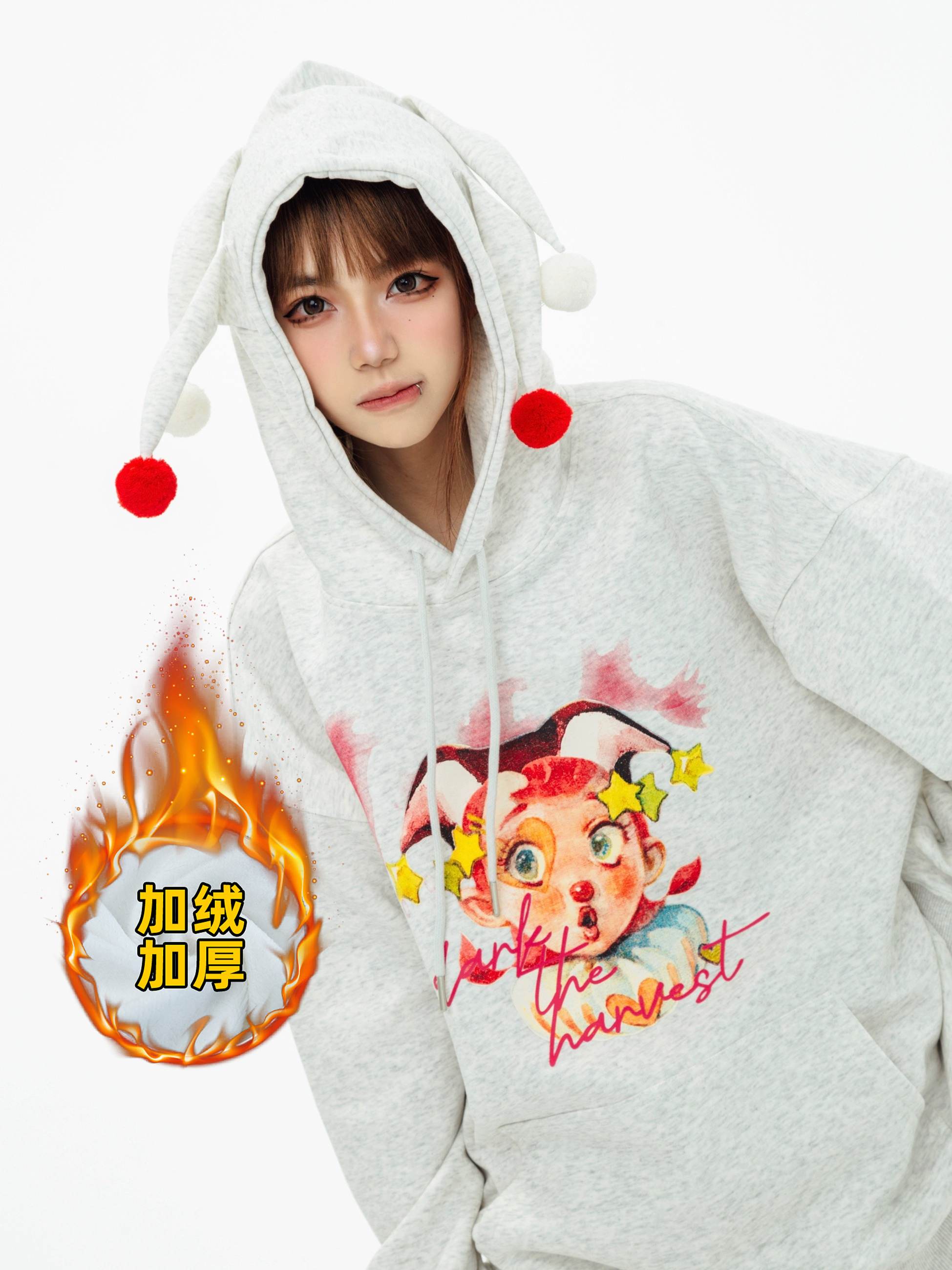 Funny clown hooded sweatshirt couple loose hoodie Chinese cotton polyester milk silk + silver fox velvet