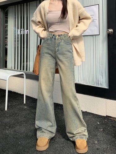 Actual shot #New high-waisted straight denim trousers for women, retro washed loose narrow wide-leg floor-length trousers