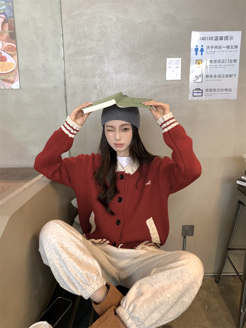 Actual shot Korean style versatile atmosphere contrasting color baseball style thick sweater jacket
