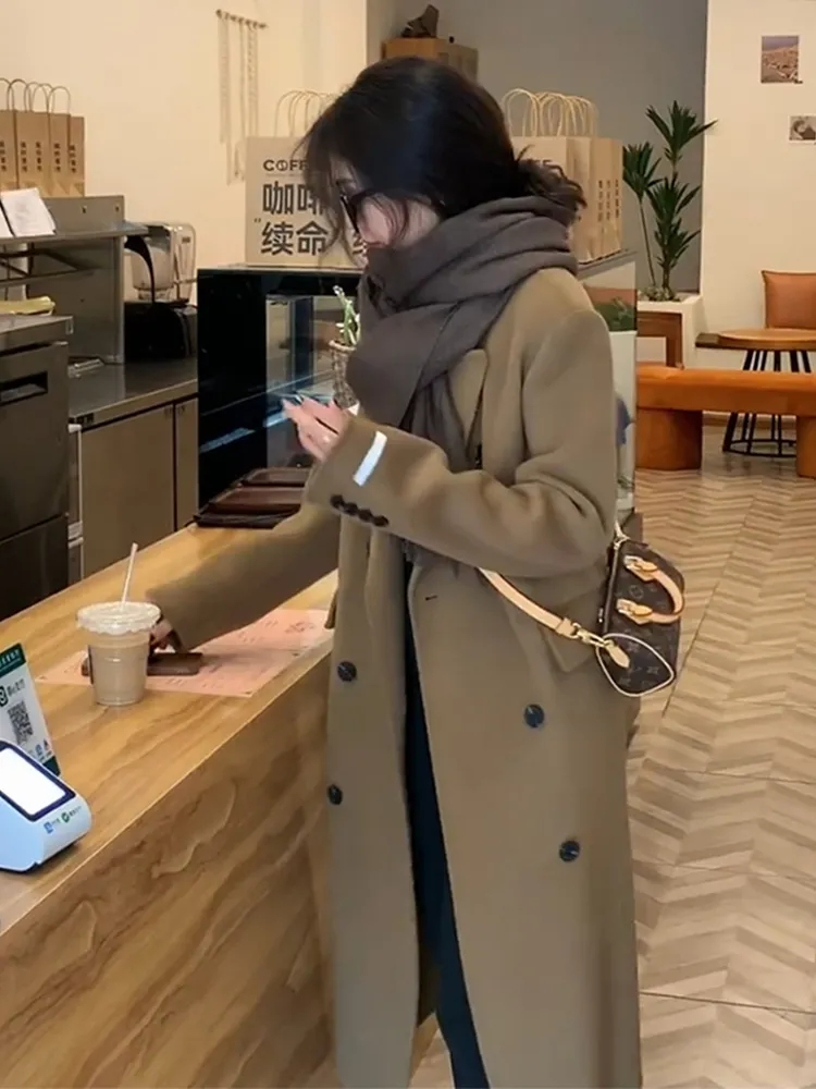 Camel woolen coat for women 2023 autumn and winter new style mid-length Korean style loose long-sleeved woolen coat for small people trendy