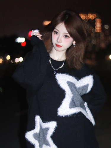 Star embroidered sweater women's round neck loose lazy style high-end knitted sweater for small people