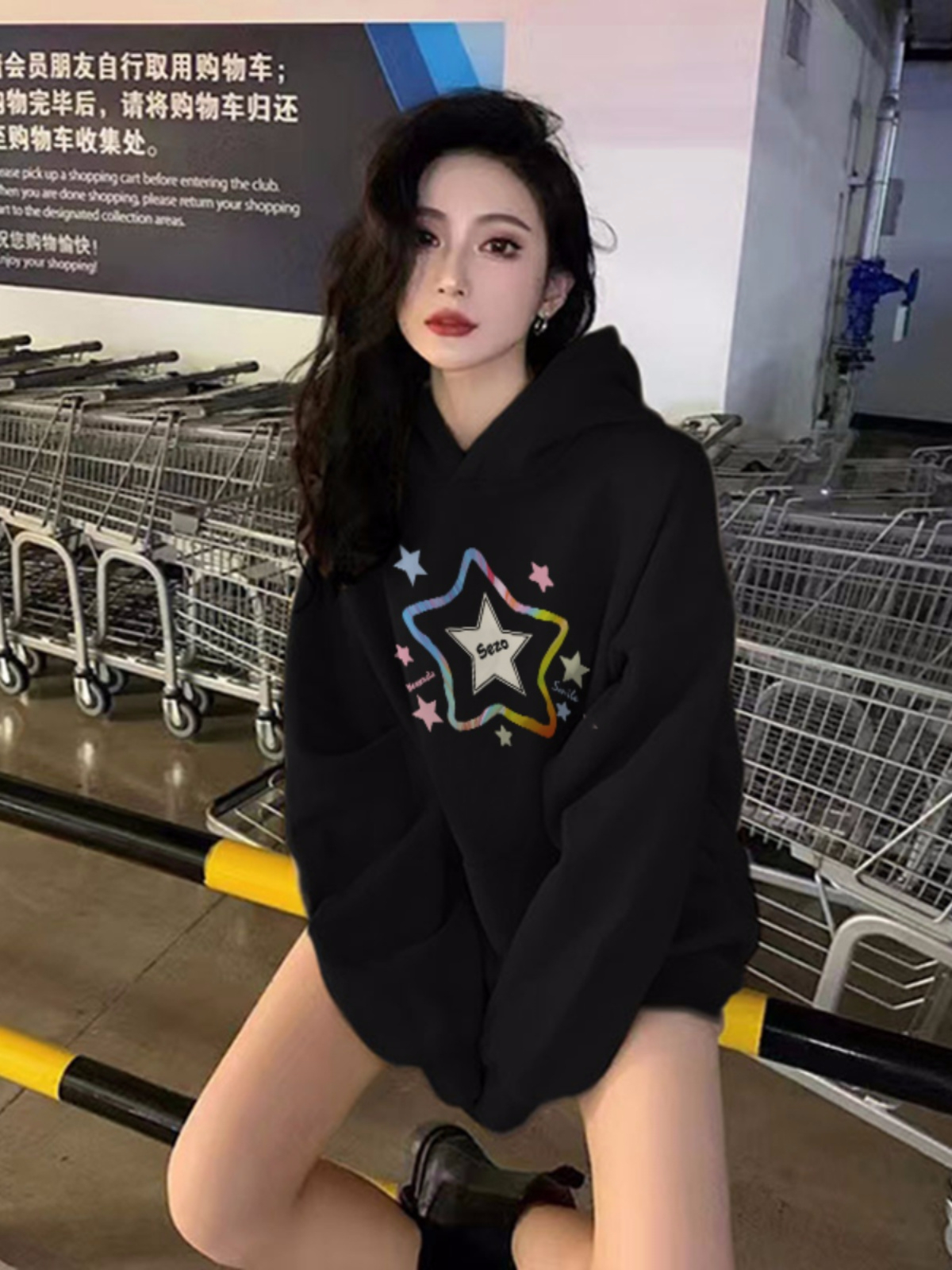 秋冬美式寬鬆連帽衛衣女顯瘦oversize黑色星星印花加絨設計感上衣