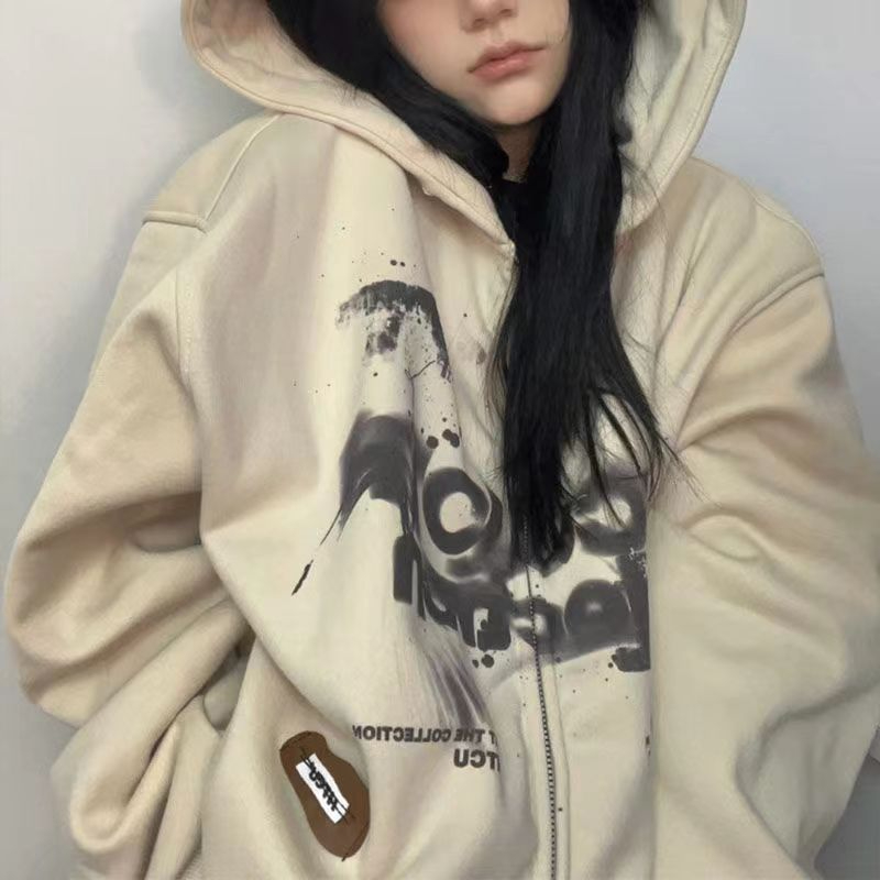 衛衣字母印花寬鬆女寬鬆連帽拉鏈外套