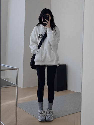 White and gray hooded velvet sweatshirt for women  new autumn and winter small person loose pullover lazy style jacket