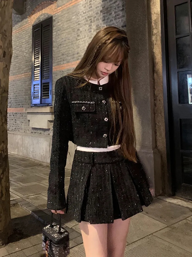煙熏桃桃Touyins鑽光香香 高級感氣質小香短外套百褶半裙女秋套裝