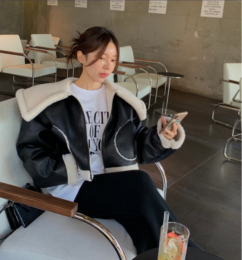 Large lapel fur collar casual zipper pu all-match short coat top for women