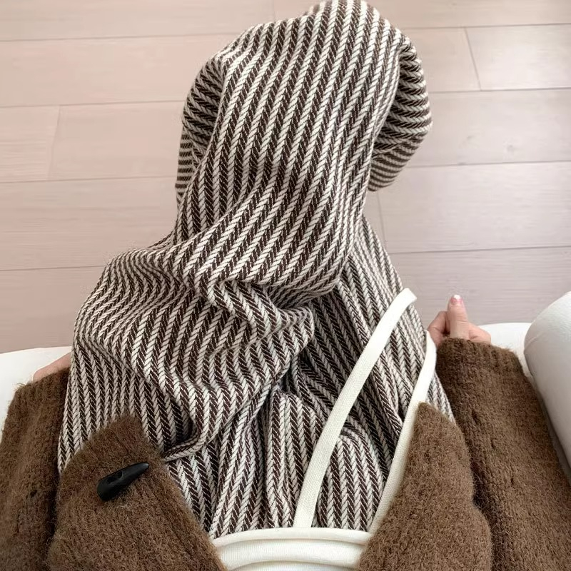咖色毛呢闊腿褲女秋冬高腰垂感休閒小個子條紋褲子