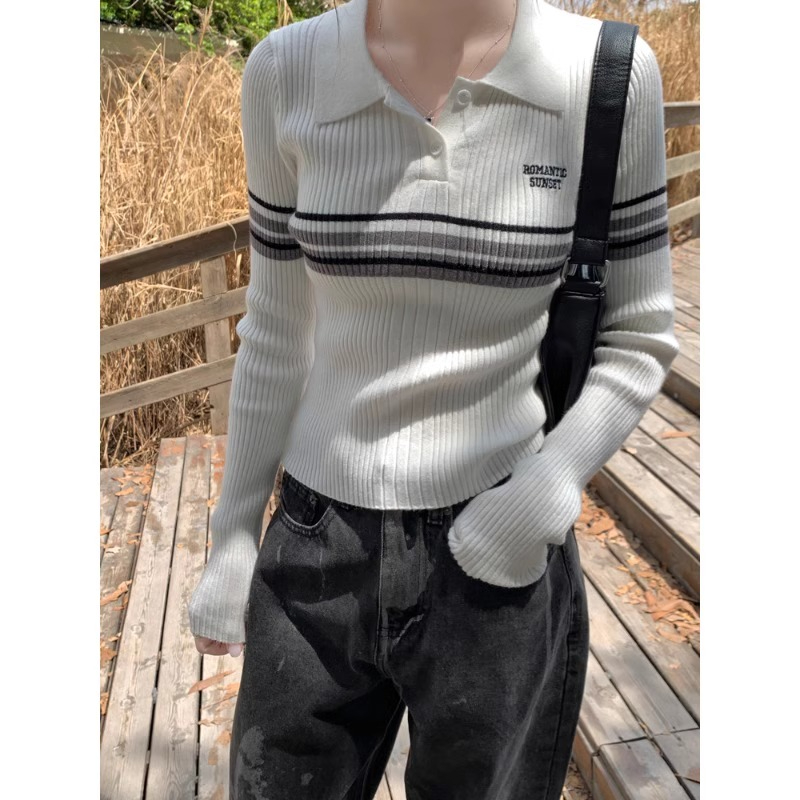 字母刺繡條紋針織衫女polo翻領套頭學院風上衣修身甜酷毛衣打底衫