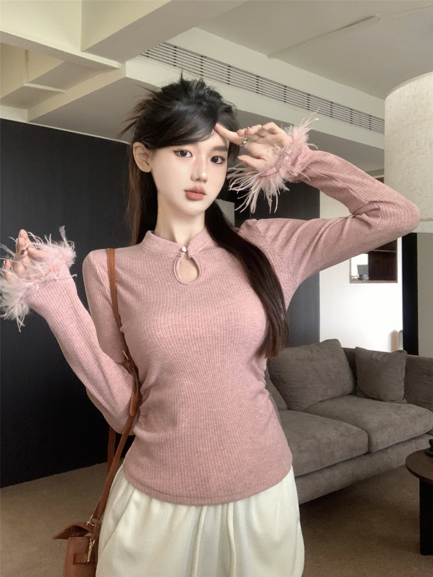 實拍~復古中式水滴領鏤空溫柔風內搭修身顯瘦毛毛長袖針織衫