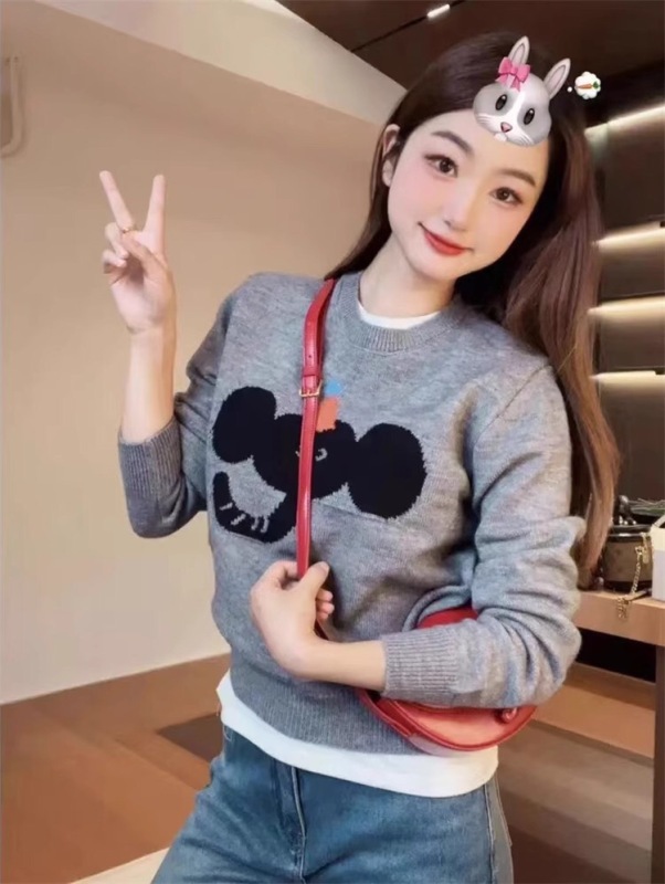2023年秋季新款圓領提花卡通小象長袖羊毛寬鬆百搭針織衫女毛衣