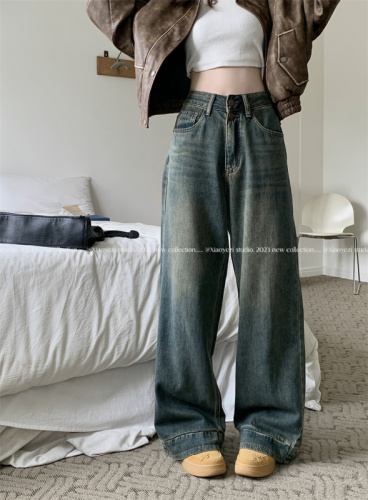 Actual shot of new autumn loose-fitting high-waisted two-button wide-leg slim jeans for women