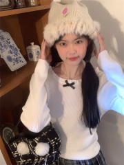 Real Shot Baroque Love Letter Ruffled Sweet Versatile Solid Color Half High Neck Knitted Underwear 