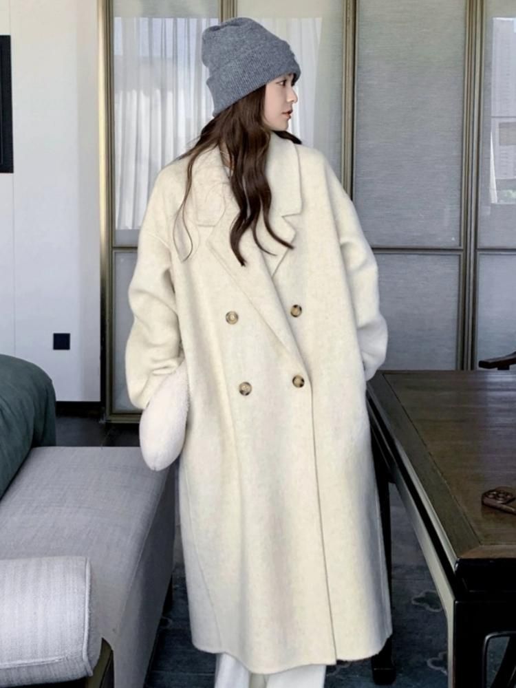 有燙大鈕360克毛呢大衣女秋冬季高級感中長款寬鬆毛呢外套