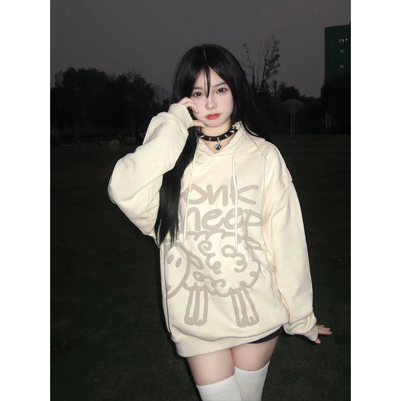 Chinese cotton composite silver fox velvet foam letter lamb print plus velvet thickened hooded sweatshirt for women