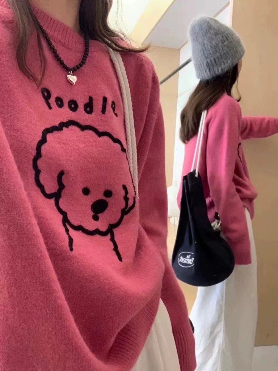 春秋韓版純色動物套頭休閒寬鬆型圓領插肩袖長袖毛衣女