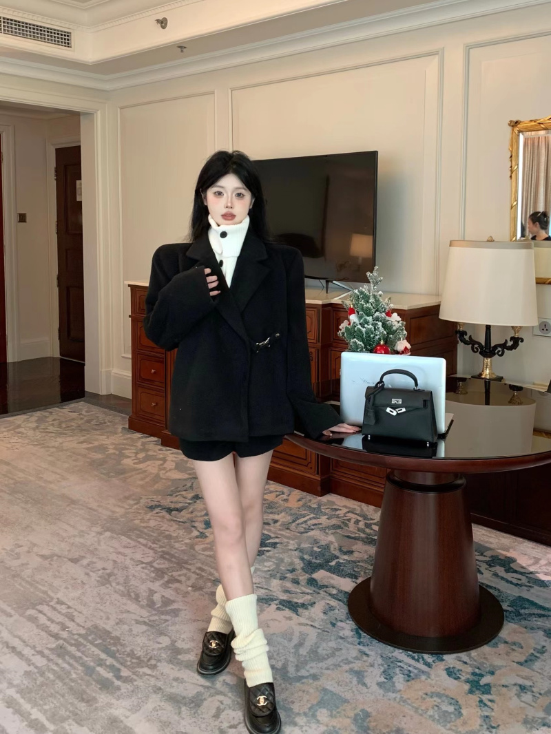 實拍~矜貴千金黑色加厚毛呢假兩件西裝套裝女高腰短褲