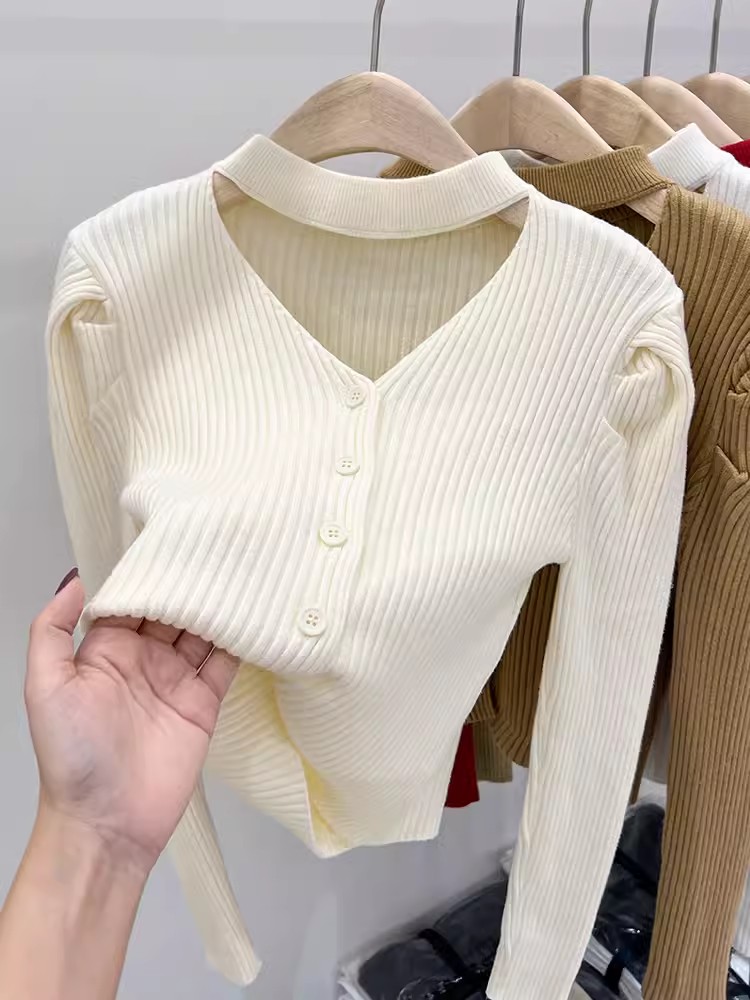 掛脖v領毛衣女秋冬純欲風性感內搭上衣泡泡袖針織衫打底衫女春秋