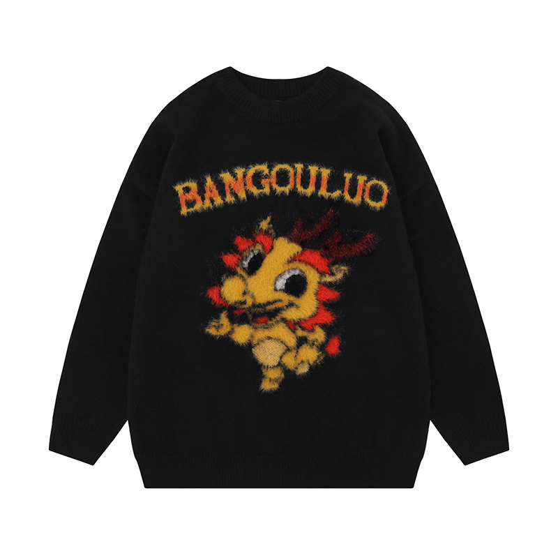 American flocking design Year of the Dragon sweater for men and women, autumn style, lazy style, versatile, loose and casual inner sweater