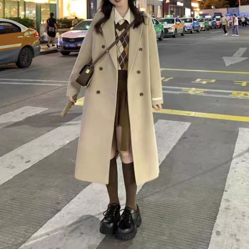 360g long woolen coat with big permed buttons, women's autumn and winter coat for small people