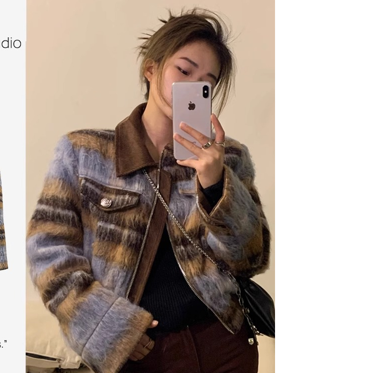 American style coffee color polo plaid woolen jacket for women autumn and winter hot girl short jacket