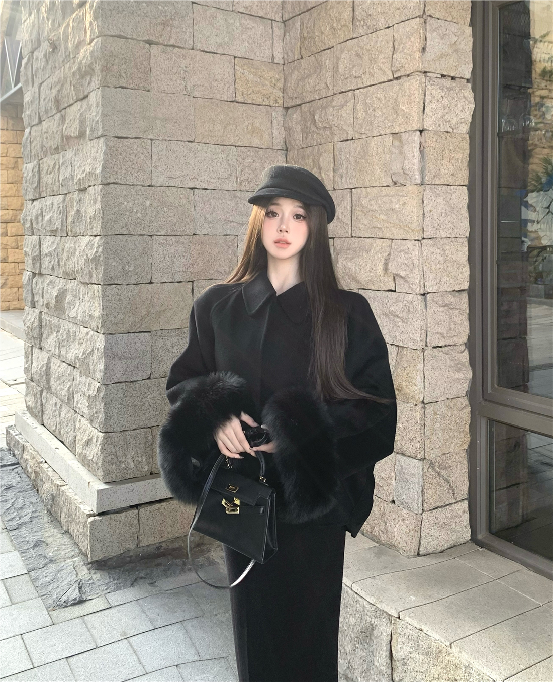 狐狸毛雙面澳毛斗篷大衣半裙套裝