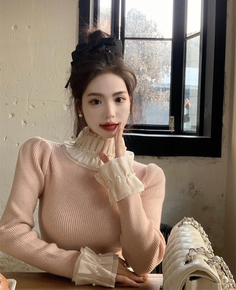 Real shot of autumn and winter French court-style pleated beaded lace collar versatile pullover sweater top sweater