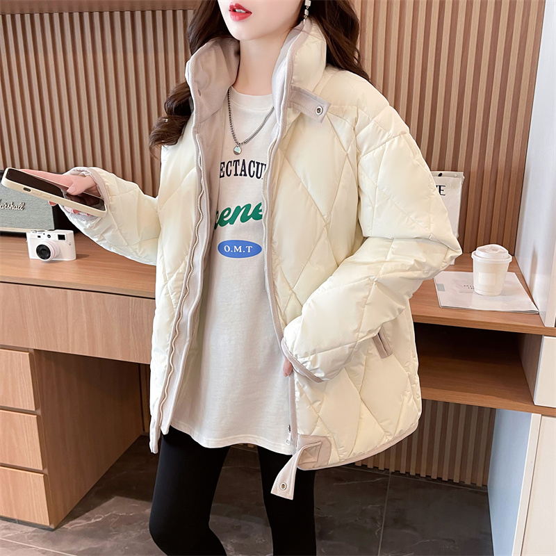 Actual shot of new winter Korean style loose rhombus cotton coat short zipper cardigan jacket for women