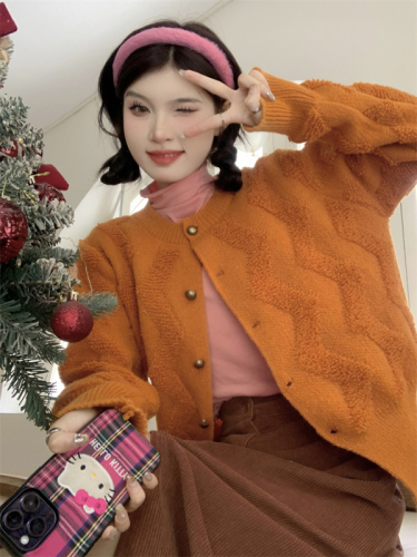 Real shot of autumn and winter Christmas thickened knitted sweater small fragrance single breasted cardigan sweater versatile thick coat