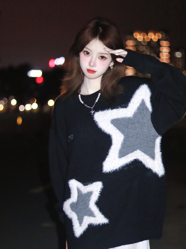 Star embroidered sweater women's round neck loose lazy style high-end knitted sweater for small people