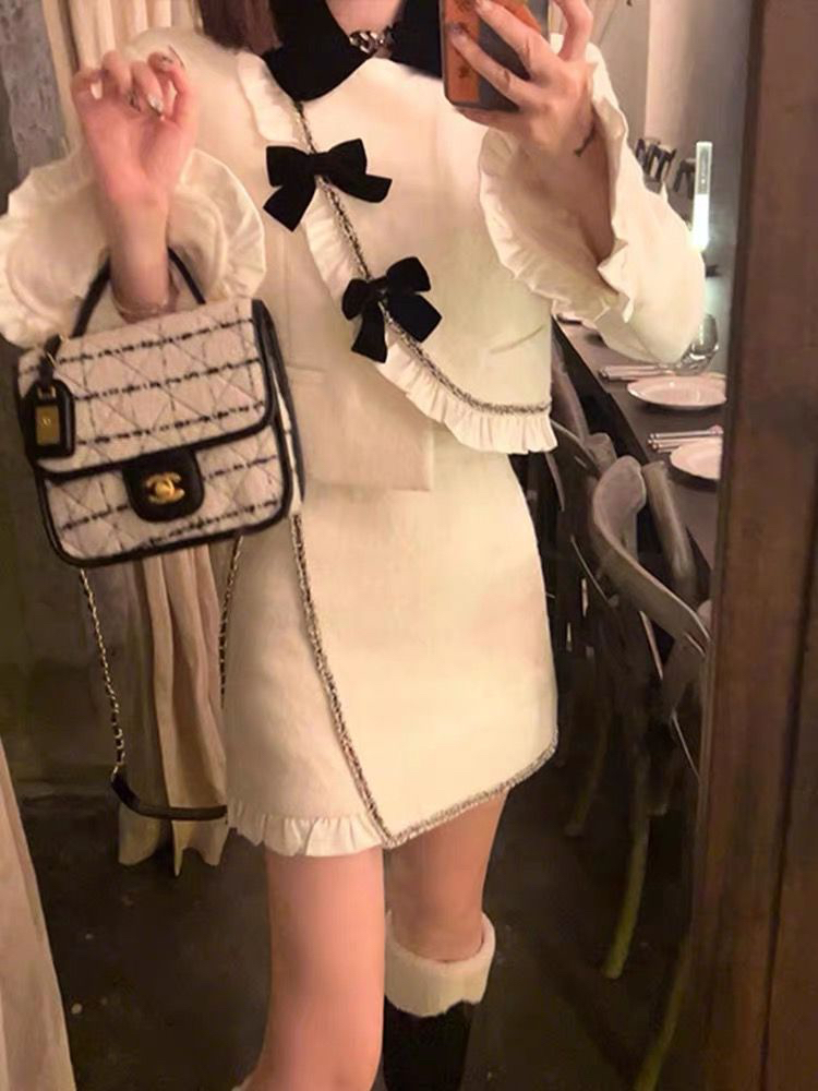 時尚高級感小眾名媛甜美木耳邊短外套半裙女2023年秋冬套裝兩件套