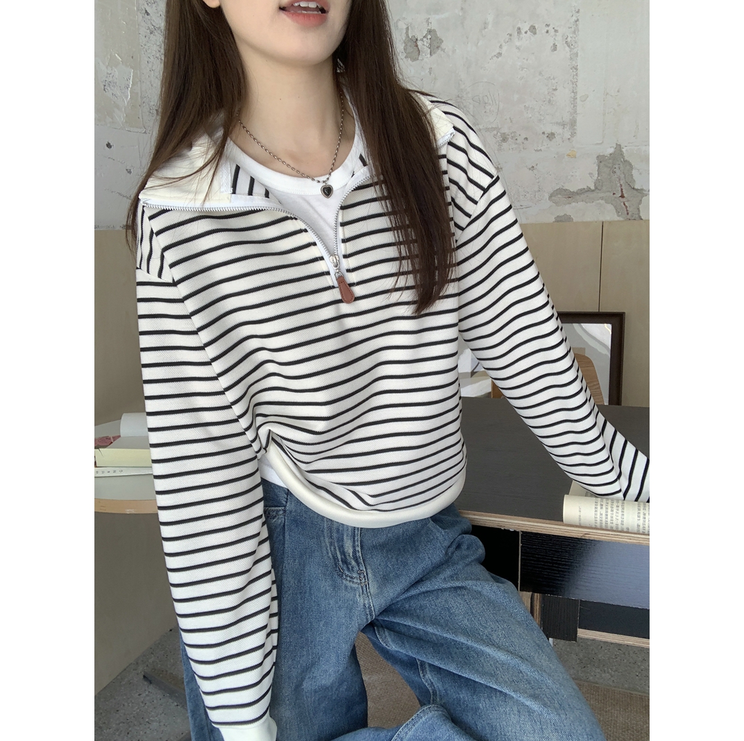 Real shot of original fabric polo collar sweatshirt for women petite autumn and winter striped long-sleeved top pullover sweater