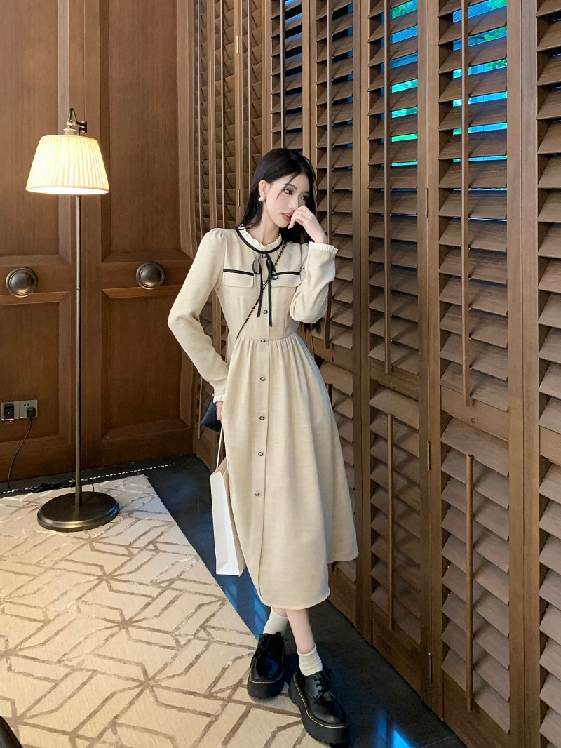 小香風連衣裙女秋冬2023新款名媛氣質收腰顯瘦中長款系帶長袖裙子