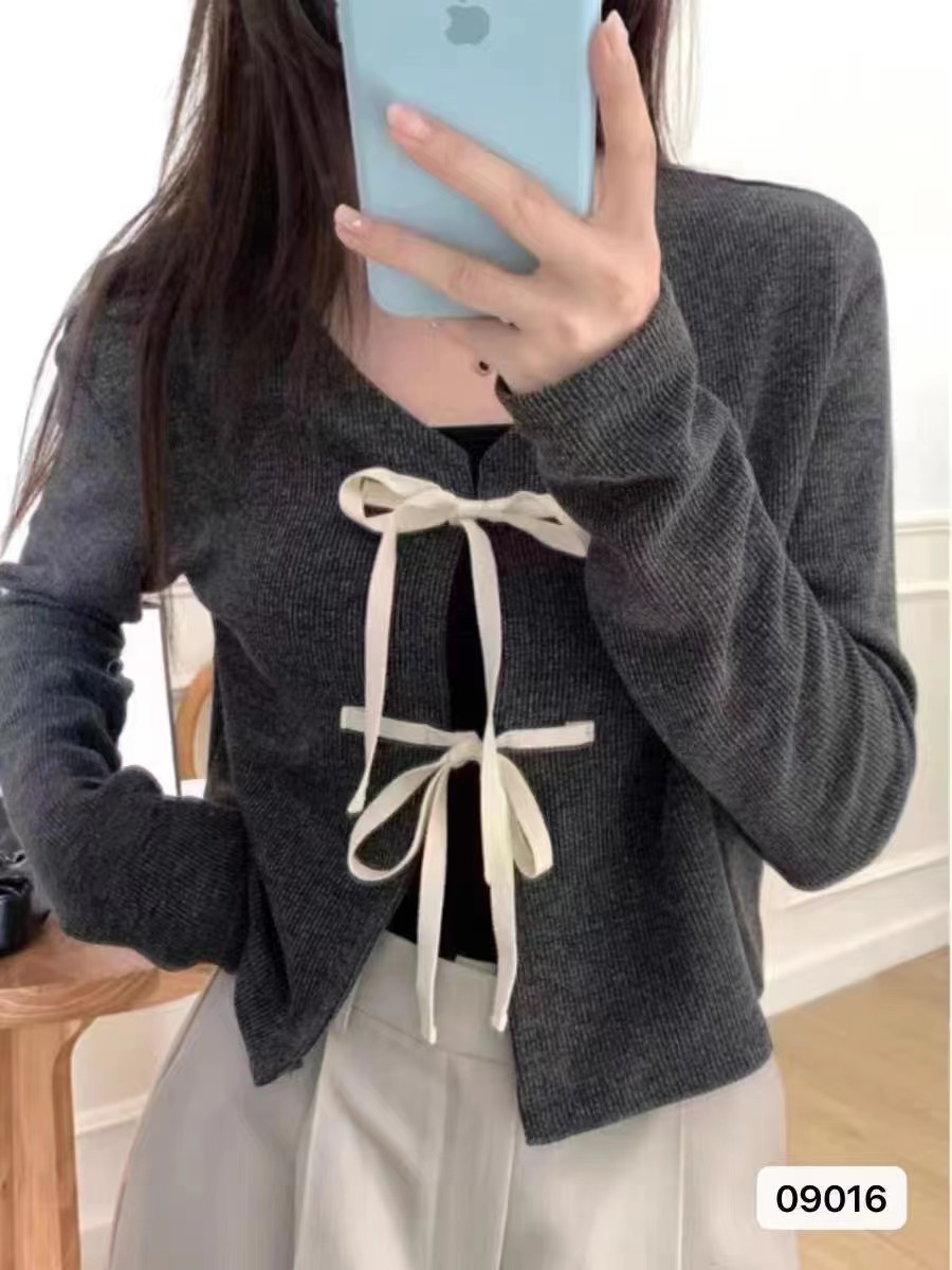 秋冬新款設計感甜美減齡蝴蝶結系帶長袖開衫上衣女
