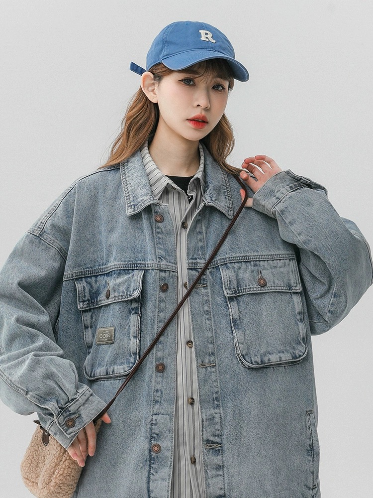 Retro Hong Kong style chic jacket, high-end and super good-looking denim shirt, women's spring and autumn American casual workwear jacket