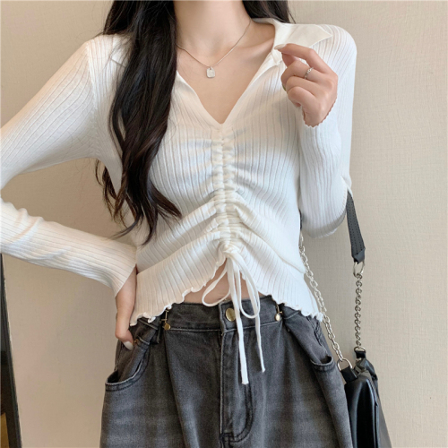Real shot Polo collar soft waxy drawstring V-neck versatile long-sleeved knitted bottoming shirt T-shirt top for women