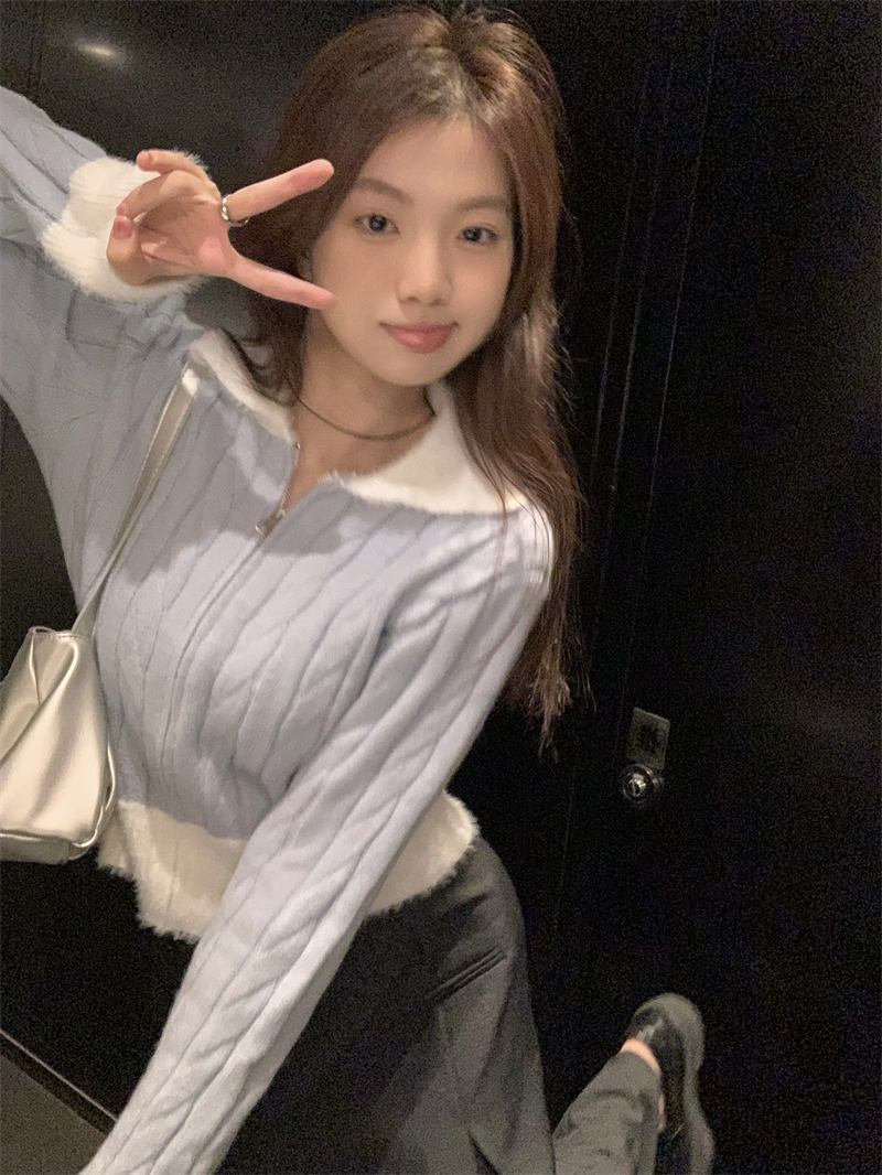 實拍~秋冬韓系可愛撞色拼接毛茸茸翻領拉鏈毛衣