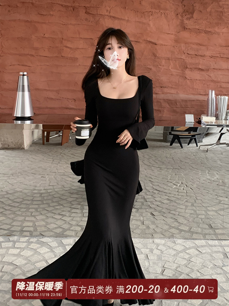 Pleasant Square Neck Long Sleeve Fishtail Hip Dress Women's Autumn and Winter Temperament Advanced Slim Step by Step Lotus Long Skirt