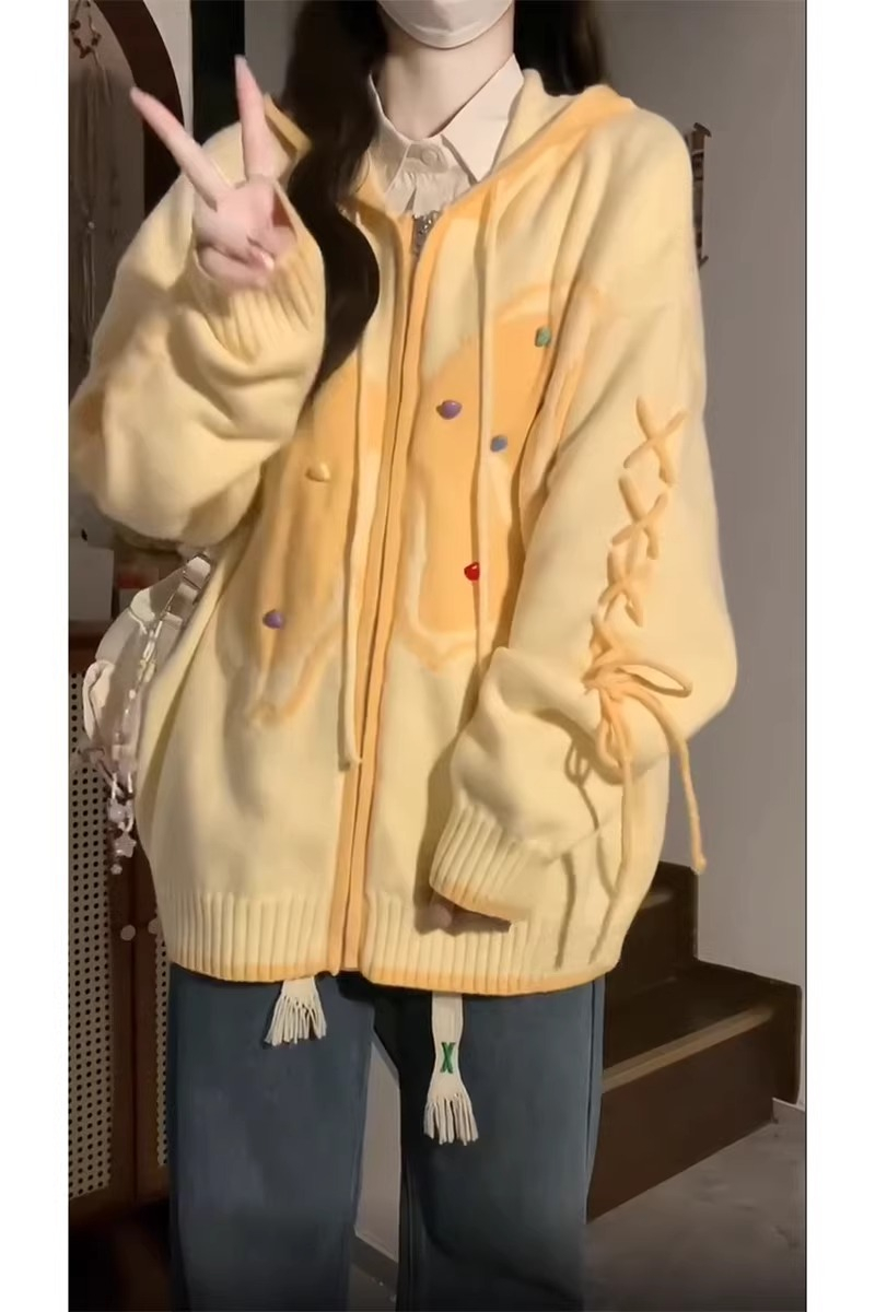 Japanese street butterfly strap cardigan sweater for women in autumn and winter loose design soft and waxy thickened sweater jacket trendy