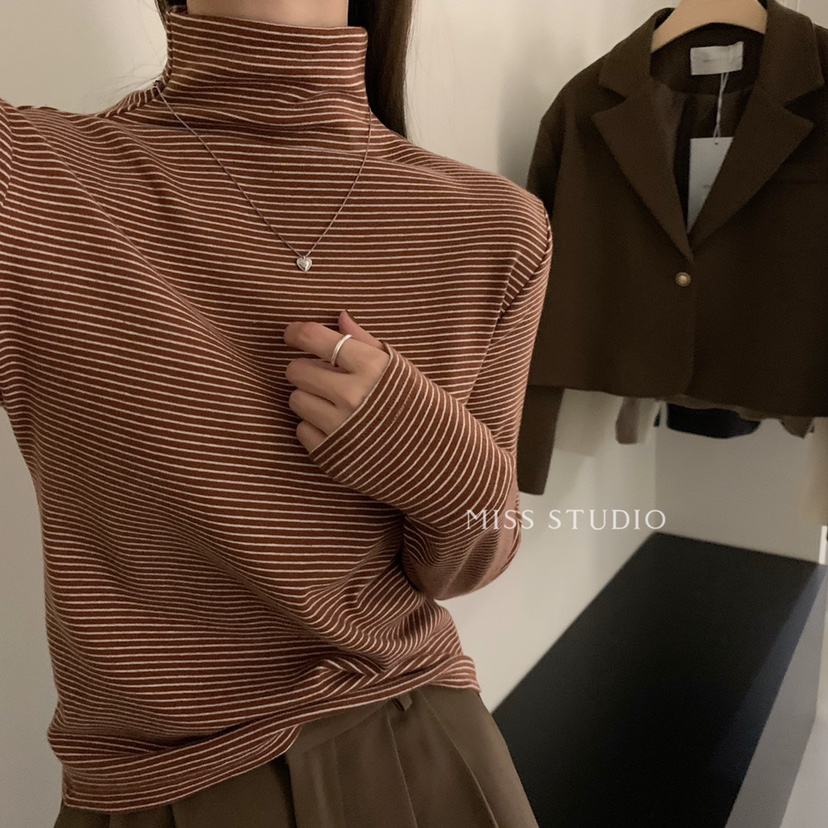 Half turtleneck slim slimming striped T-shirt top for women in autumn and winter Korean style for small people with brushed long-sleeved bottoming shirt