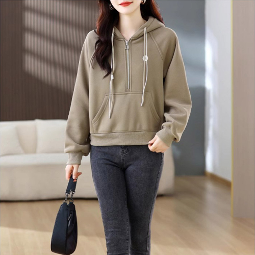 Official photo velvet hooded short casual sports sweatshirt for women  autumn and winter top coat thickened half-zip