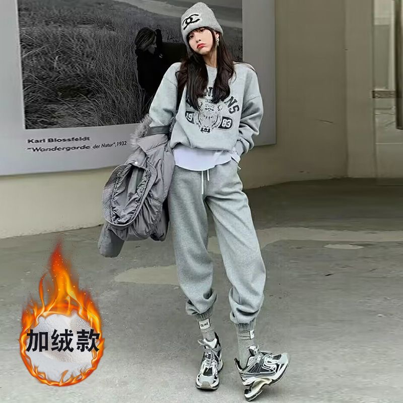 韓系休閒運動套裝女秋冬加絨2023新款寬鬆港風炸街衛衣衛褲兩件套
