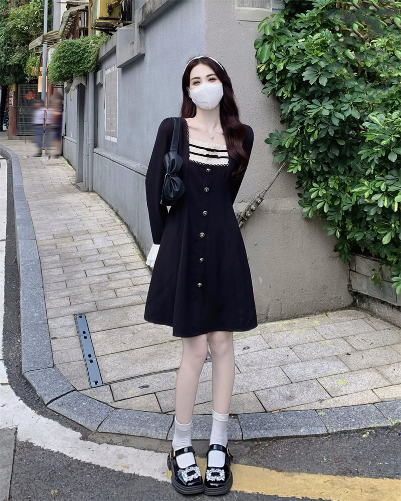 原版做法+拉鏈赫本風方領黑色連衣裙女高級感氣質甜美收腰a字裙