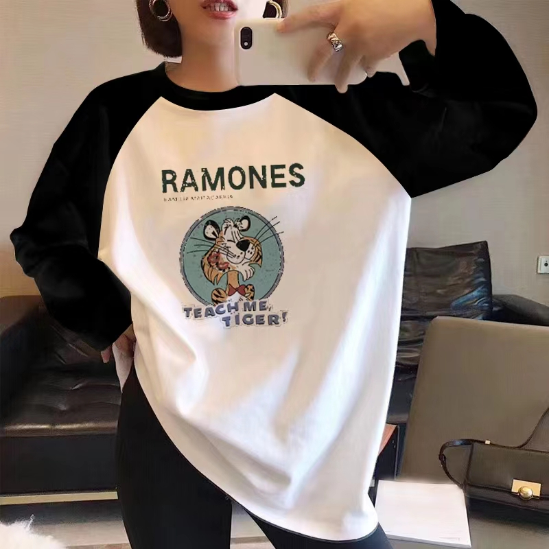 春秋季新款純棉長袖t恤女設計感小眾上衣撞色寬鬆減齡打底衫
