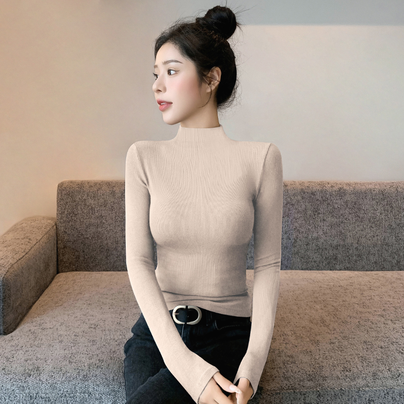 設計感小眾新款純色T恤女半高領打底衫秋冬保暖修身顯瘦長袖上衣
