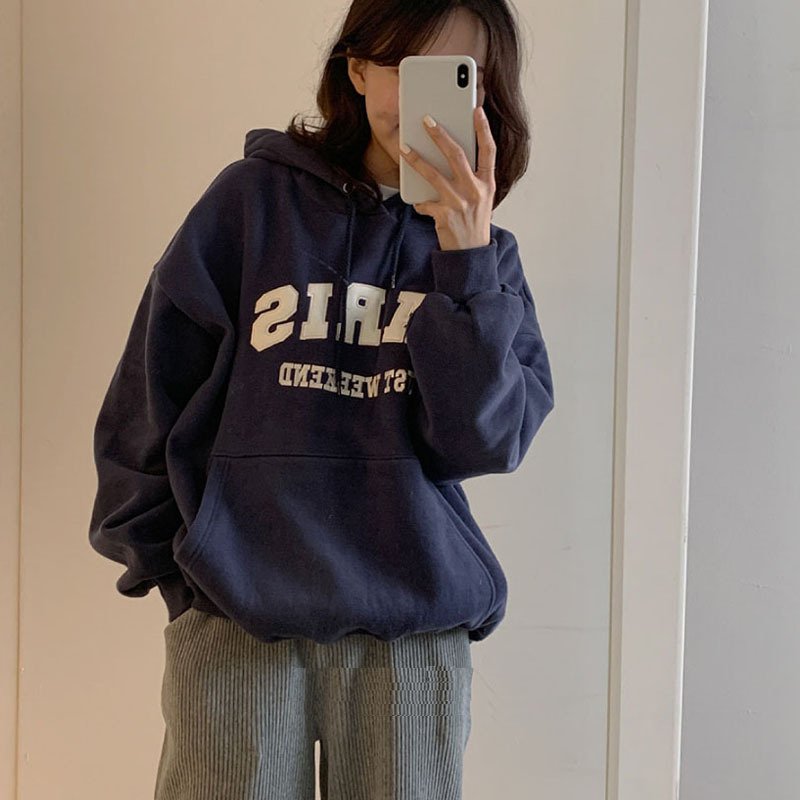 Navy blue velvet thickened little oversize lazy style sweatshirt for women autumn and winter loose hooded top jacket